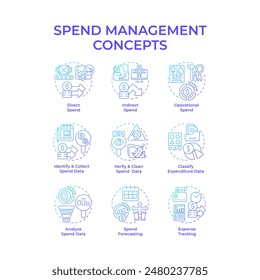 Spend management blue gradient concept icons. Expense reports, financial growth. Economic stability. Icon pack. Vector images. Round shape illustrations for infographic, presentation. Abstract idea