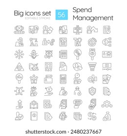 Spend management linear icons set. Spending documentation, financial stability. Regulatory compliance. Customizable thin line symbols. Isolated vector outline illustrations. Editable stroke