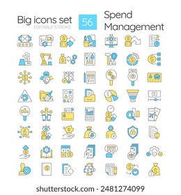 Spend management RGB color icons set. Strategic procurement, expense reports. Regulatory compliance, expenditure. Isolated vector illustrations. Simple filled line drawings collection. Editable stroke