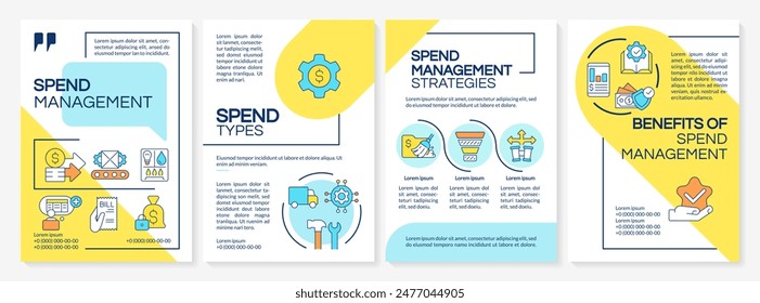 Plantilla de folletos azul y amarillo de estrategias de gestión de gastos. Diseño de folleto con iconos lineales. Editable 4 diseños de Vector para presentación, informes anuales. Fuentes cuestriales, Lato-regulares utilizadas