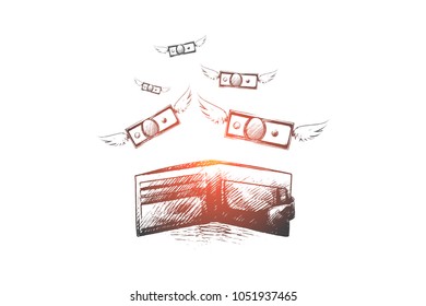 Spend money concept. Hand drawn money fly out of the bag. Wallet with money fly away isolated vector illustration.