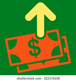 Spend Money vector icon. Style is bicolor flat symbol, orange and yellow colors, rounded angles, green background.