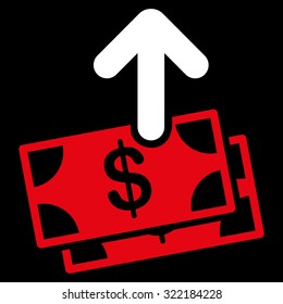 Spend Money vector icon. Style is bicolor flat symbol, red and white colors, rounded angles, black background.