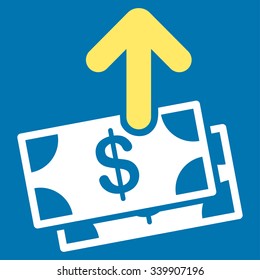 Spend Money vector icon. Style is bicolor flat symbol, yellow and white colors, rounded angles, blue background.