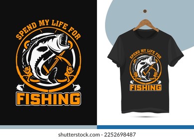 Spend my life for fishing - Fishing t-shirt design template. Vector illustration with Fish, Hook silhouette. Perfect design for print on the t-shirt.