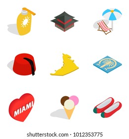 Spend the night icons set. Isometric set of 9 spend the night vector icons for web isolated on white background