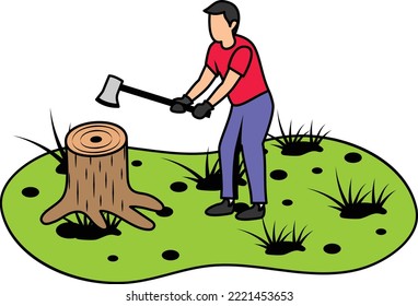Spend picnic weekend in forest vector color icon design, Outdoor weekend Activity symbol, Tourist Holidays Scene Sign, Happy people at Vacation stock illustration, Man chopping wood with Axe Concept