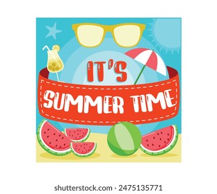 Spend the summer enjoying the beach views. Refreshing watermelon drink and fruit. Summer concept. Flat vector illustration.
