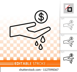 Spend thin line icon. Outline sign of hand with coin. Money like Water linear pictogram with different stroke width. Expenses Simple vector transparent symbol. Crisis editable stroke icon without fill