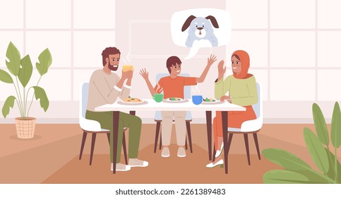 Spend time with family flat color vector illustration. Smiling boy persuading parents to adopt pet puppy. Fully editable 2D simple cartoon characters with cozy dining room on background