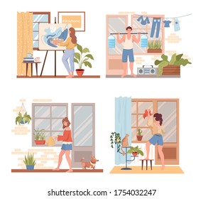 Spend time at home vector flat concept. Young people in comfortable clothes painting, doing sport exercises on the balcony, cleaning up the flat and watering house plants cartoon illustration.