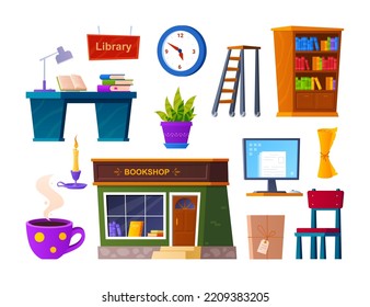 Spend time in the library - flat design style object set. High quality images of bookstore, reading table, bookcase, hot cup of tea, comfortable chair and candle. Literature and knowledge idea