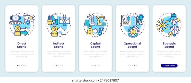 Spend types onboarding mobile app screen. Expense management. Walkthrough 5 steps editable graphic instructions with linear concepts. UI, UX, GUI template