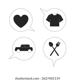 Categorias de gastos no conjunto de objetos de linha 2D do planejamento de orçamento. Coração, camiseta, carro, garfo colher em balões de fala cliparts isolados itens de contorno de tinta vetorial. Coleção de ilustrações pontuais monocromáticas