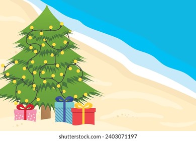 Weihnachten auf eine andere Art und Weise für den tropischen Urlaub auszugeben; Weihnachtsbaum mit Licht und Geschenkbox am Strand - Vektorgrafik