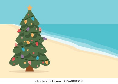 spending christmas in a different way on the tropcial vacation; christmas tree with lights on the beach - vector illustration
