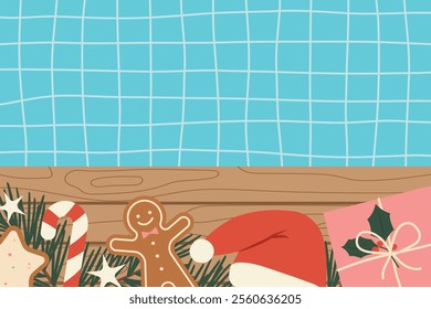 spending christmas in a different way on the tropcial vacation; swimming pool and gift, fir branches, santa hat and gingerbread cookies - vector illustration