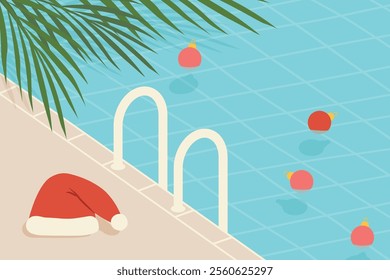 spending christmas on a tropcial vacation, swimming pool, palm leaves, santa hat and baubles - vector illustration