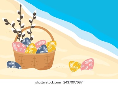 Pasar la Semana Santa de una manera diferente en las vacaciones tropicales; cesta de mimbre con huevos de Pascua en la playa - ilustración vectorial