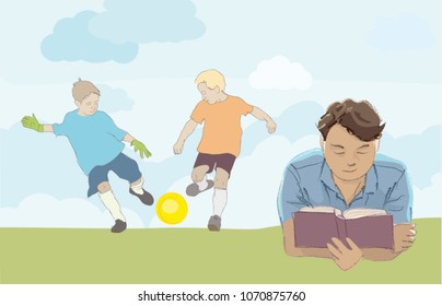 Spending free time after school - boys playing soccer and reading a book - vector illustration