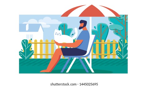 Spending Free Time Outdoors Cartoon Flat Vector Illustration. Man Sitting on Deckchair under Umbrella in Garden or Park. Male Character Holding Cute White Cat. Having Rest on Fresh Air.