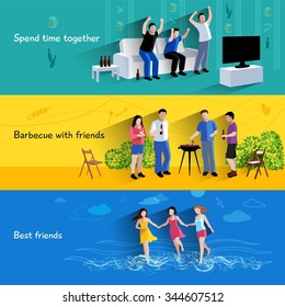 Spending free time together barbecuing with best friends 3 flat horizontal banners set abstract isolated vector illustration