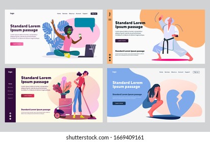 Spending leisure time set. Women practicing sport, doing housework, chatting online. Flat vector illustrations. Lifestyle, weekend, activity concept for banner, website design or landing web page