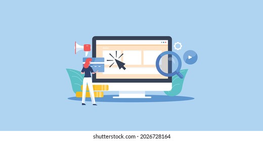 Spending money on digital advertising, Pay per click marketing, ad traffic, search engine marketing - flat design vector illustration with icons and character