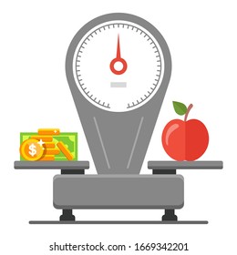 spending money on groceries. balance of price and food. flat vector illustration.