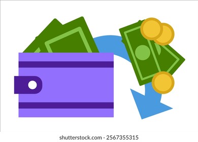 Spending money, payment. Wallet with money and an arrow. Vector simple color flat illustration.
