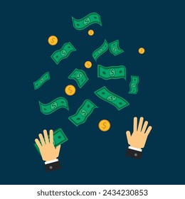 Dépenser de l'argent, de l'argent qui pleut, des mains qui éparpillent des billets et des pièces en dollars, le concept d'une vie riche et la capacité de dépenser de l'argent,