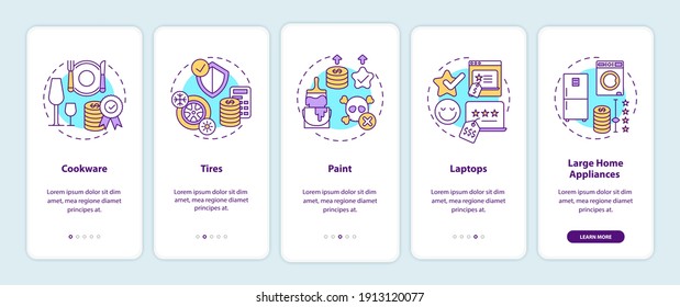 Spending more for high quality products onboarding mobile app page screen with concepts. Cookware, tires walkthrough 5 steps graphic instructions. UI vector template with RGB color illustrations
