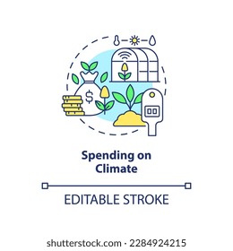 Spending on climate concept icon. Sustainable industry. Rural development program abstract idea thin line illustration. Isolated outline drawing. Editable stroke. Arial, Myriad Pro-Bold fonts used