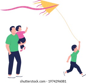 Spending summer time outdoor with family flat color vector faceless characters. All-ages fun hobby. Running flying kite isolated cartoon illustration for web graphic design and animation