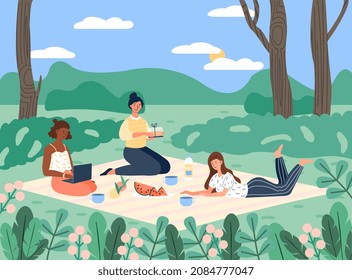 Spending summer time outdoor. Girlfriends went out for picnic, active lifestyle, outdoor recreation. Nice weekend, lovely weather. Nature, park, fresh air, rest. Cartoon flat vector illustration