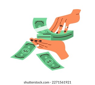 Spending, throwing, wasting money. Rich wealthy hands holding lot of stacked banknotes, dollars cash, squandering. Wealth and costs concept. Flat vector illustration isolated on white background