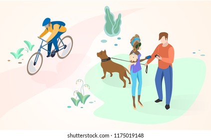 Spending Time in City Park Flat Vector Concept with Bicyclist Riding Bike on Parkway and Dog Owners Walking Their Pets on Meadow. Public Spaces and Nature Local Locations in Modern City Infrastructure