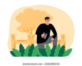 Spending time doing a hobby, bird watching behind bushes, vector illustration.