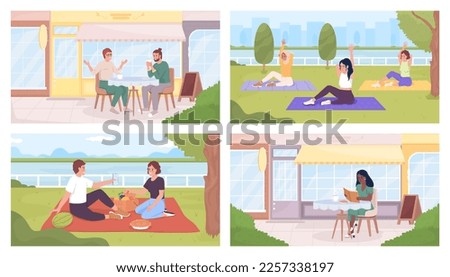 Spending time in fresh air flat color vector illustration set. Yoga in group. Resting in cafe. Fully editable 2D simple cartoon characters collection with park landscape and cityscape on background