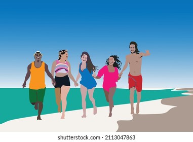 spending time with friends on the beach and run with laughing together