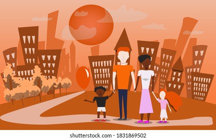 spending time with  happy family in the autumn park.orange vector background.white husband and black wife.