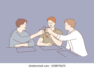 Spending time and having fun in bar concept. Cheerful smiling men holding glasses with alcohol scotch whiskey brandy beverages and laughing in bar together celebrating or having party illustration 