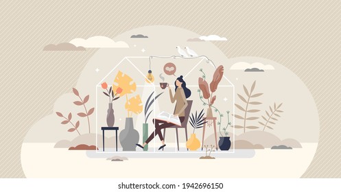 Spending time at home alone as isolated single female tiny person concept. Avoid social meetings and sitting inside apartment to be safe vector illustration. Reading books and relax in cozy house.