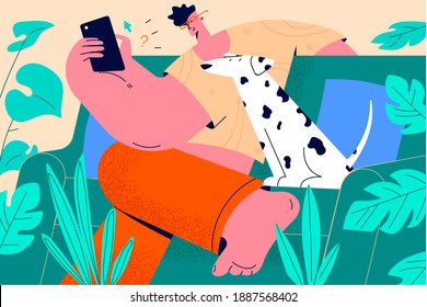 Spending time at home with pet concept. Young positive stylish boy cartoon character sitting at home on sofa with smartphone and enjoying company of his dog pet vector illustration 