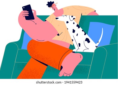 Spending time at home with pet concept. Young positive stylish boy cartoon character sitting at home on sofa with smartphone and enjoying company of his dog pet vector illustration 