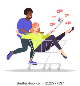 Spending time at mall with fun semi flat RGB color vector illustration. Friends bloggers having fun together isolated cartoon characters on white background