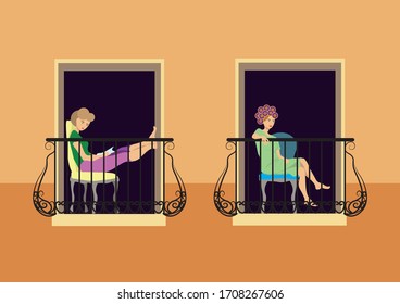 Spending time on the balcony in your free time. The girl reads. On the other, the second is sitting on a chair, in comfortable home clothes. The walls are orange, and the metal railings are black.