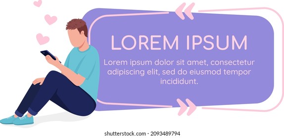 Spending time on phone with loved one vector quote box with flat character. Dating site for teenagers. Speech bubble with cartoon illustration. Colourful quotation design on white background