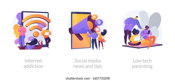 Spending Time Online, Non-parting With Gadget, Keeping In Touch. Internet Addiction, Social Media News And Tips, Low Tech Parenting Metaphors. Vector Isolated Concept Metaphor Illustrations.