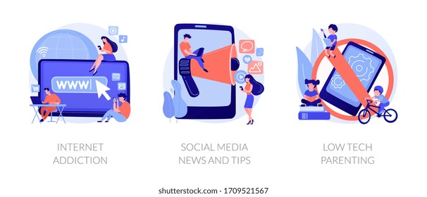 Spending time online, non-parting with gadget, keeping in touch. Internet addiction, social media news and tips, low tech parenting metaphors. Vector isolated concept metaphor illustrations.